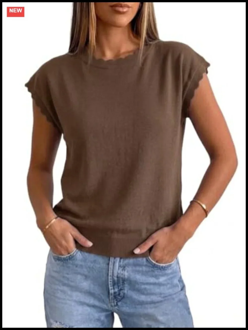 Women's Lightweight Knit Pullover Sweater with Scallop Edges